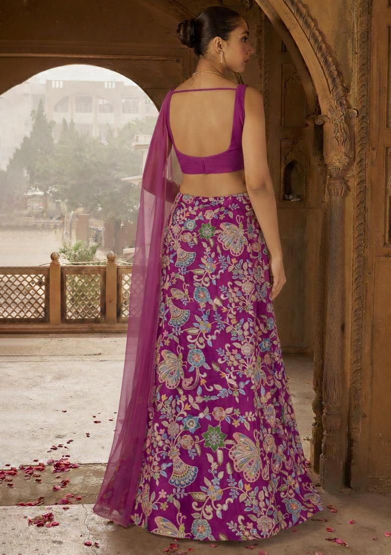 Rani Pink Floral Print Crepe Lehenga Set - Indya
