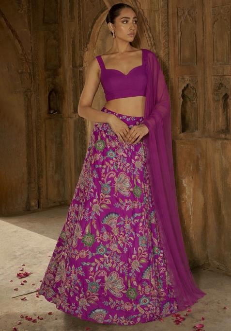 Rani Pink Floral Print Crepe Lehenga Set