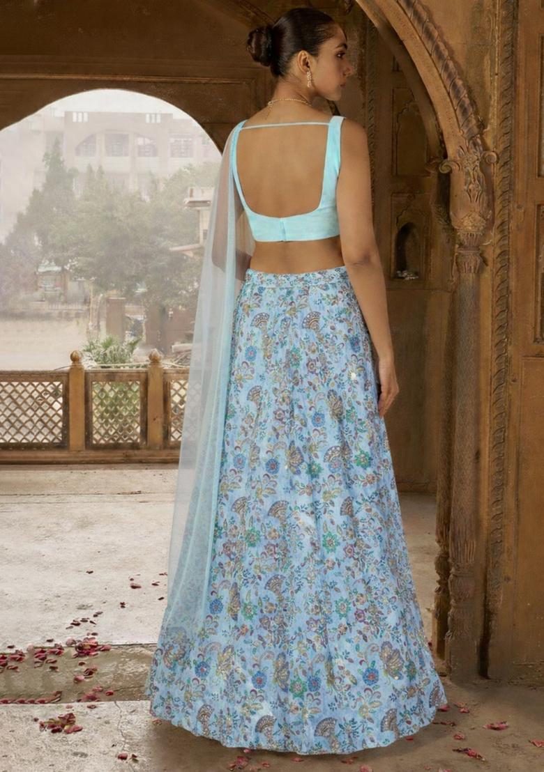 Powder Blue Floral Print Crepe Lehenga Set - Indya
