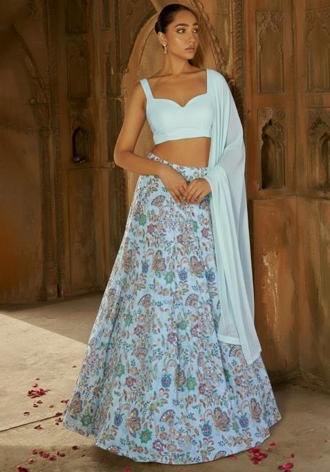 Powder Blue Floral Print Crepe Lehenga Set
