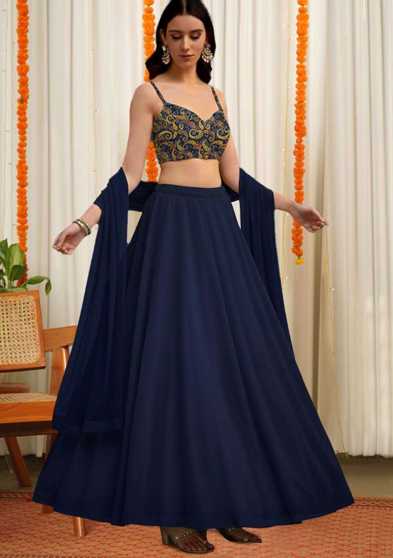 Navy Blue Abstract Print Crepe Lehenga Set - Indya