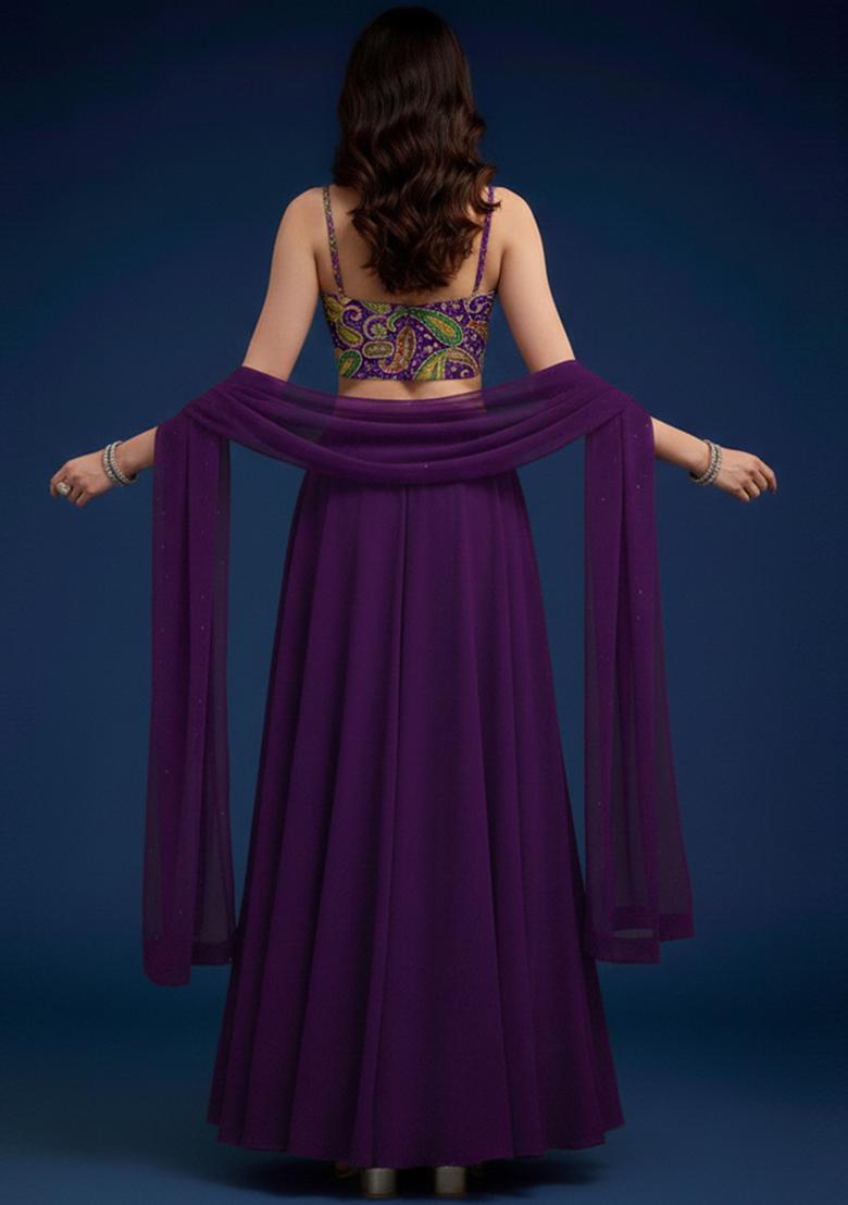 Wine Abstract Print Crepe Lehenga Set - Indya