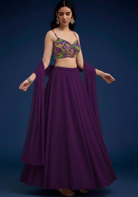 Wine Abstract Print Crepe Lehenga Set