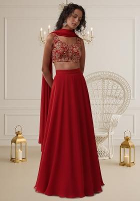 Red Embroidered Tissue Lehenga Set