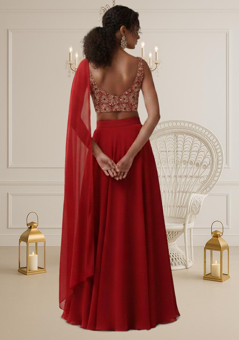 Red Embroidered Tissue Lehenga Set - Indya