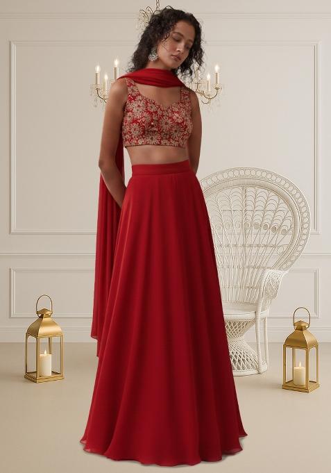 Red Embroidered Tissue Lehenga Set