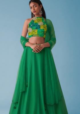 Green Bandhani Print Crepe Lehenga Set