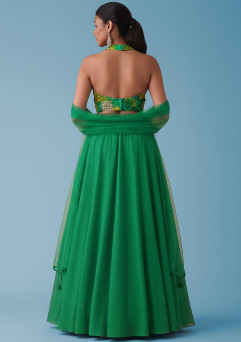 Green Bandhani Print Crepe Lehenga Set - Indya