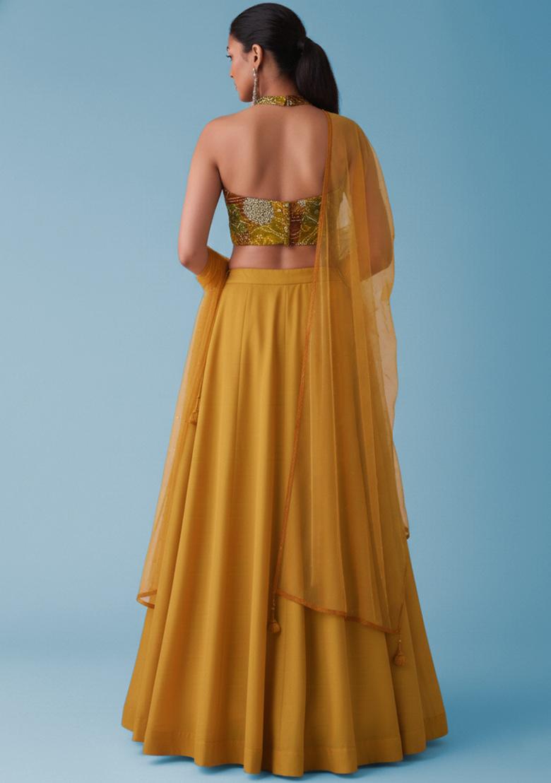 Mustard Yellow Bandhani Print Crepe Lehenga Set - Indya