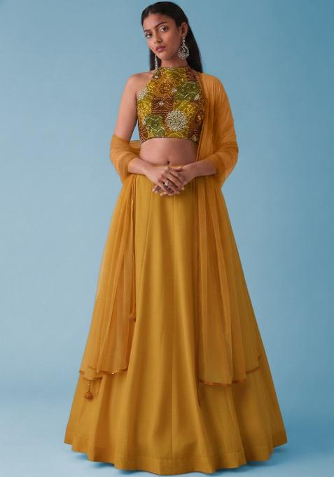 Mustard Yellow Bandhani Print Crepe Lehenga Set