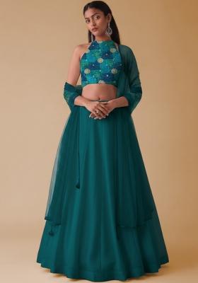 Teal Green Bandhani Print Crepe Lehenga Set