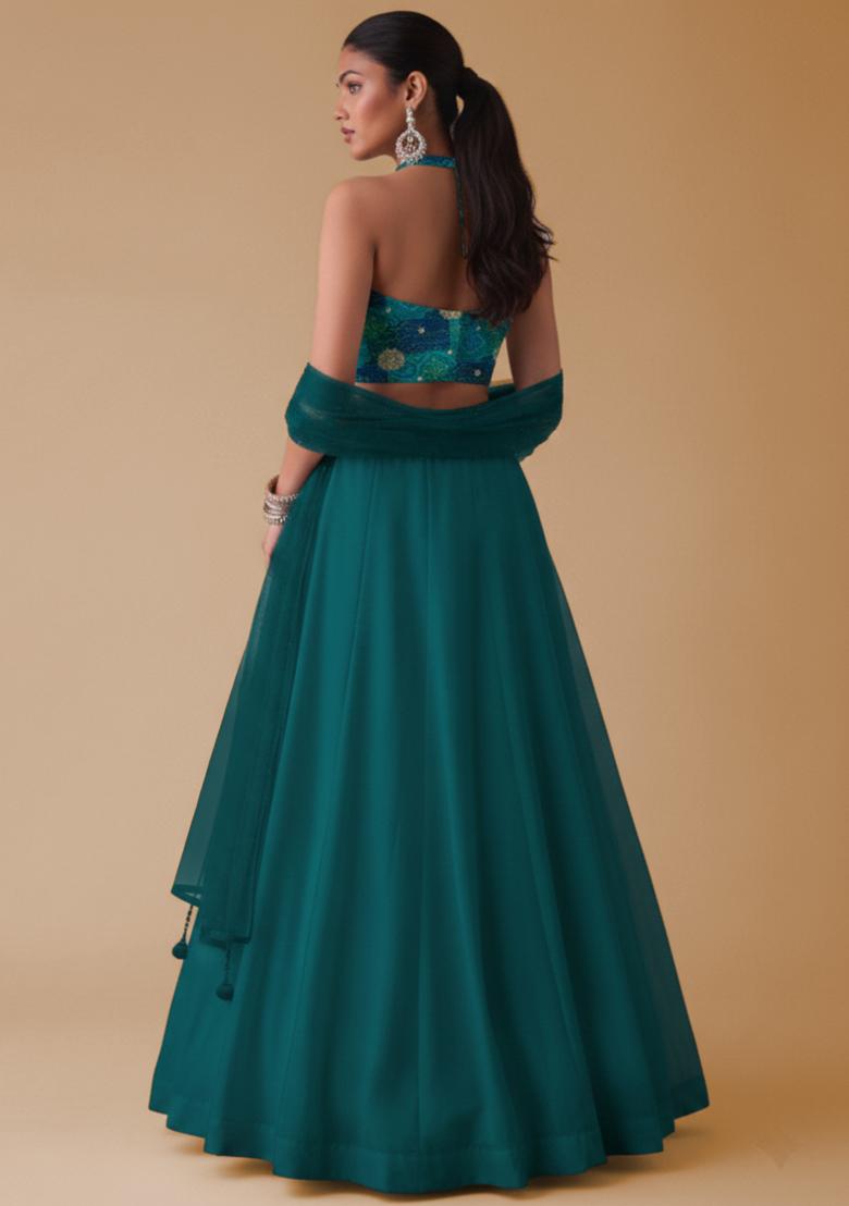 Teal Green Bandhani Print Crepe Lehenga Set - Indya