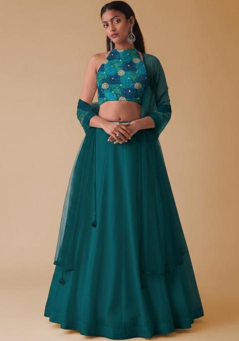 Teal Green Bandhani Print Crepe Lehenga Set