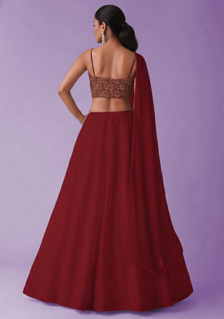 Deep Red Embroidered Tissue Lehenga Set - Indya