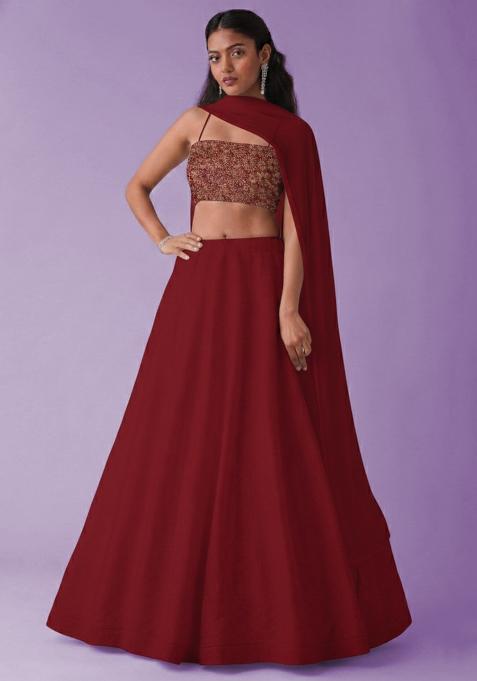 Deep Red Embroidered Tissue Lehenga Set
