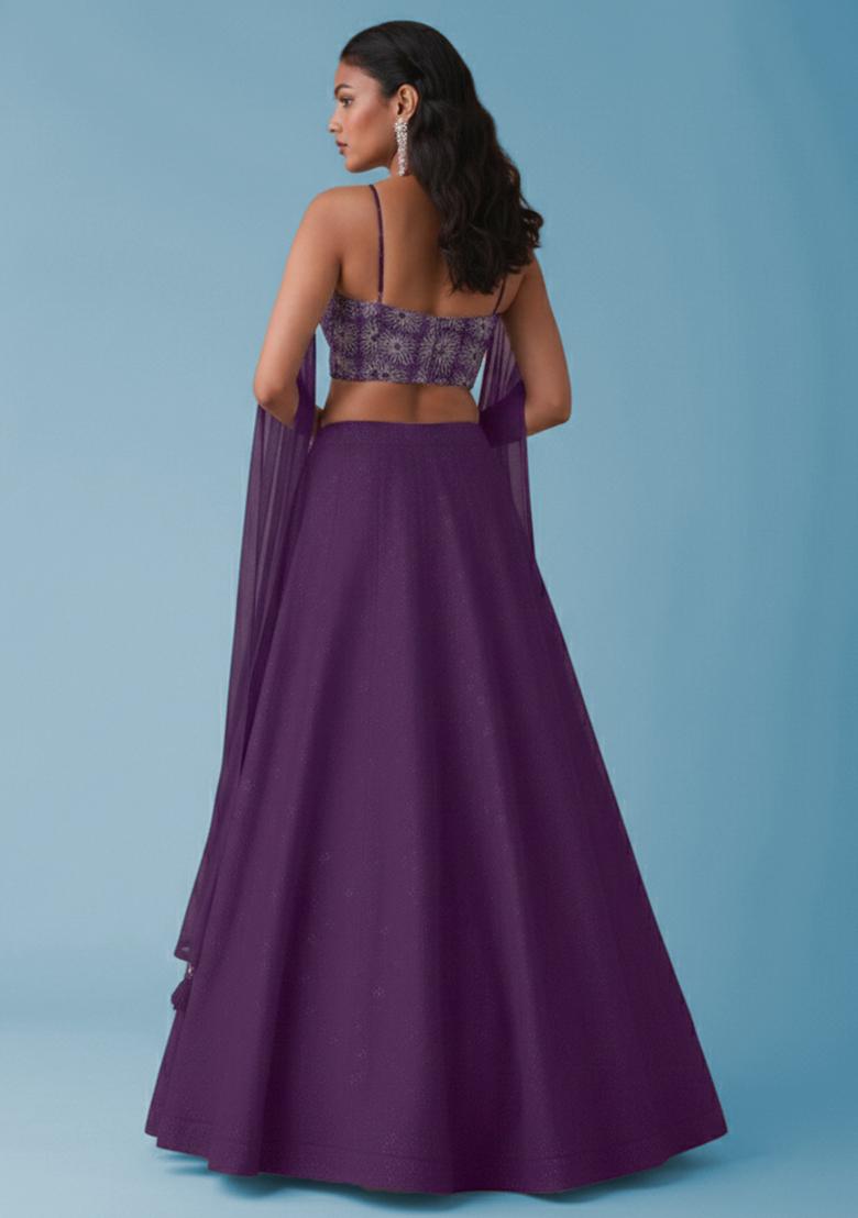 Purple Embroidered Tissue Lehenga Set - Indya