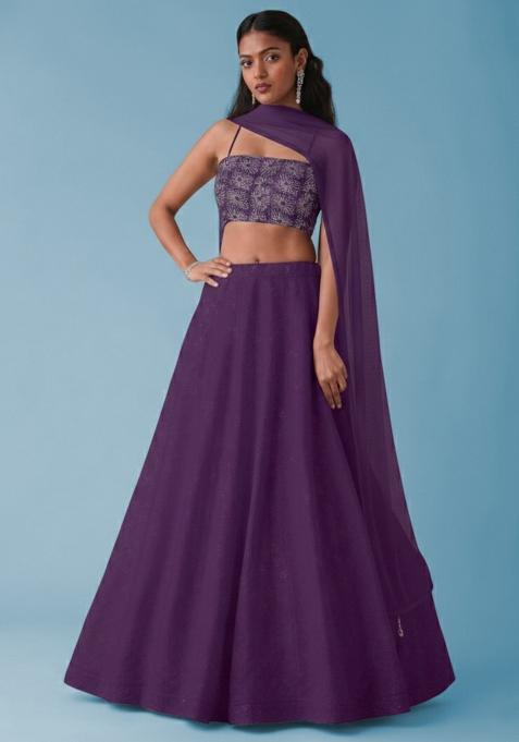 Purple Embroidered Tissue Lehenga Set