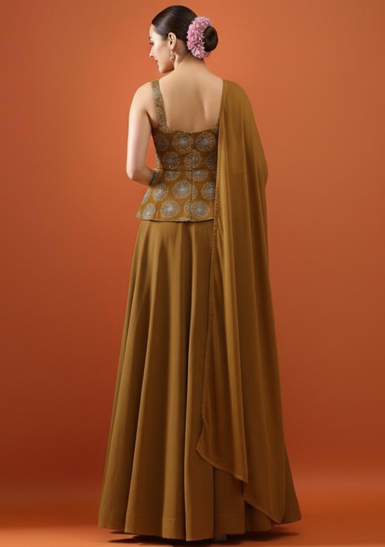 Mustard Yellow Sequin Silk Lehenga Set - Indya