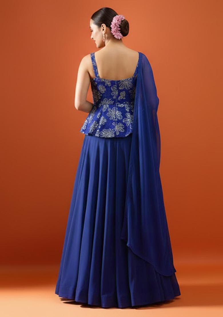 Teal Blue Sequin Silk Lehenga Set - Indya