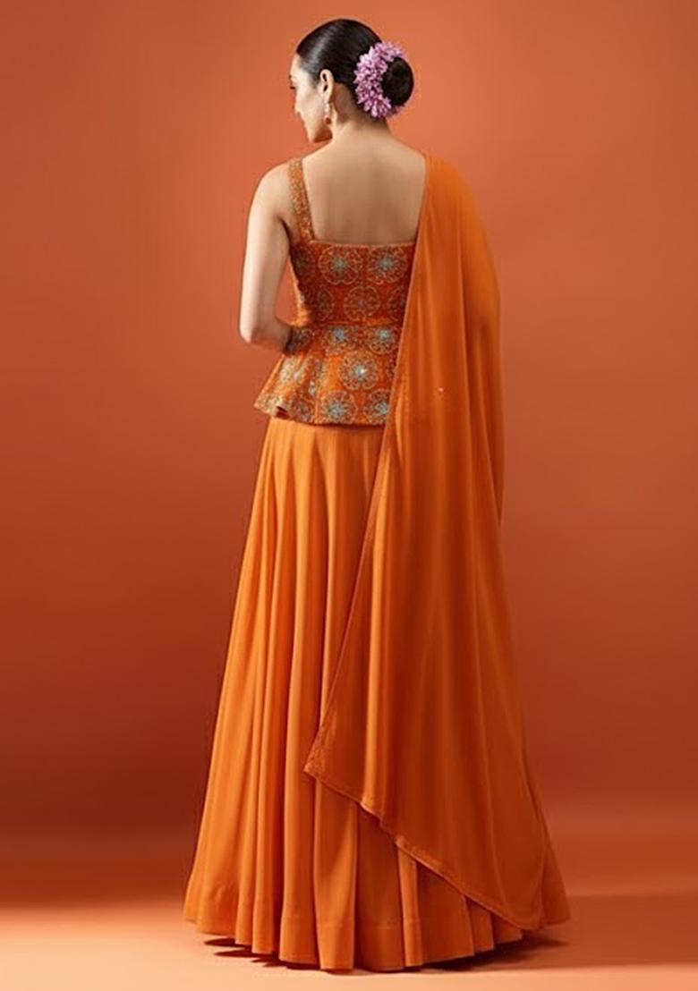 Orange Sequin Silk Lehenga Set - Indya