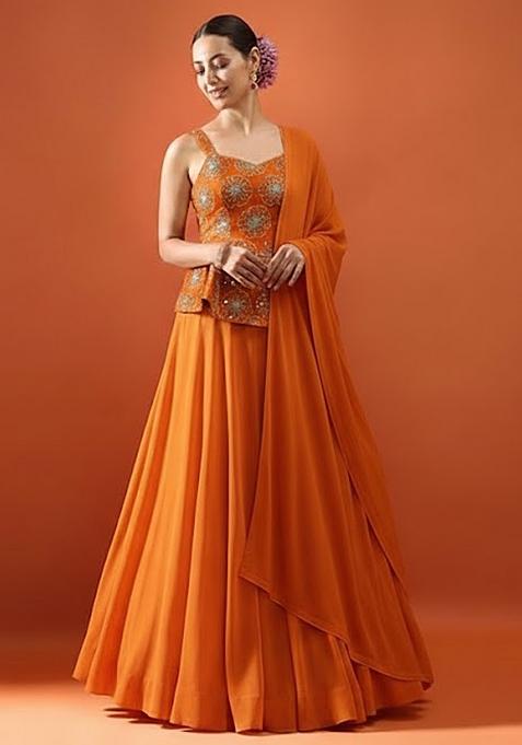 Orange Sequin Silk Lehenga Set