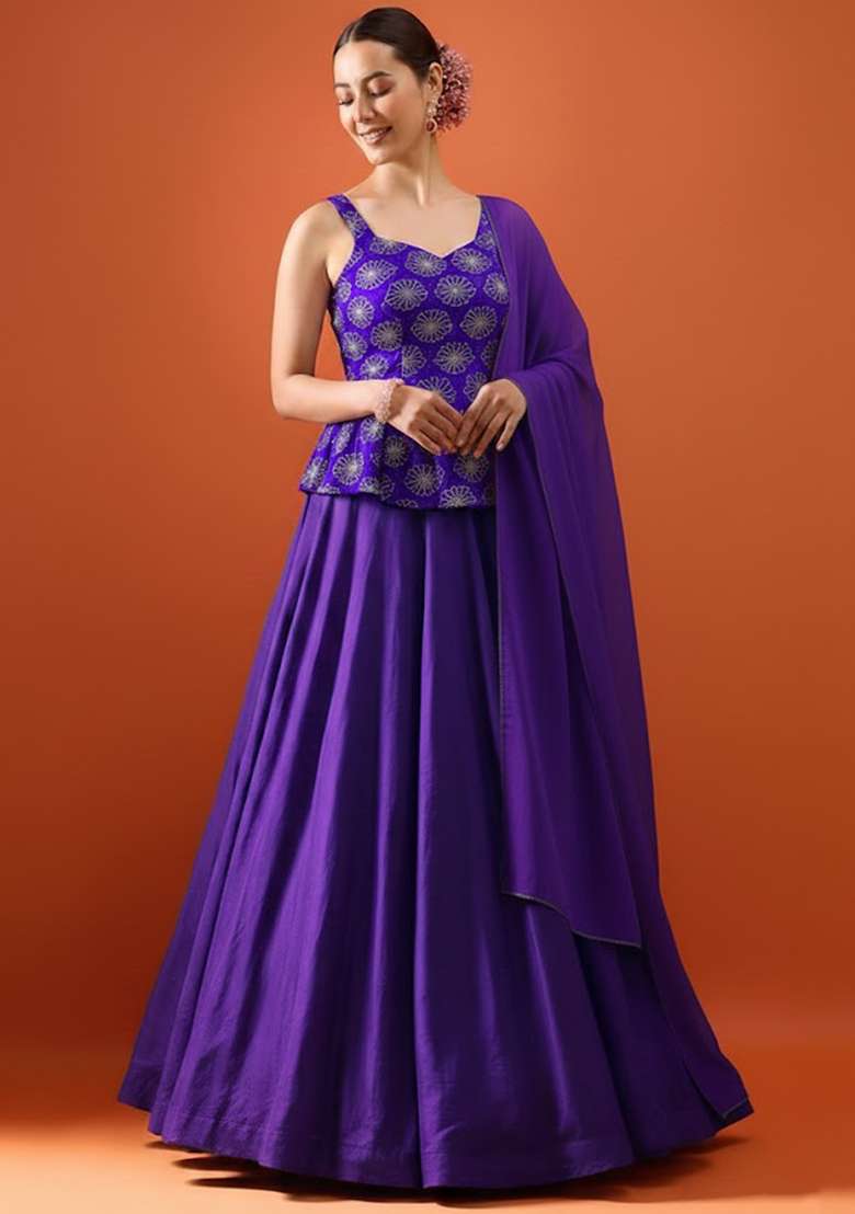 Royal Purple Sequin Silk Blend Lehenga Set - Indya
