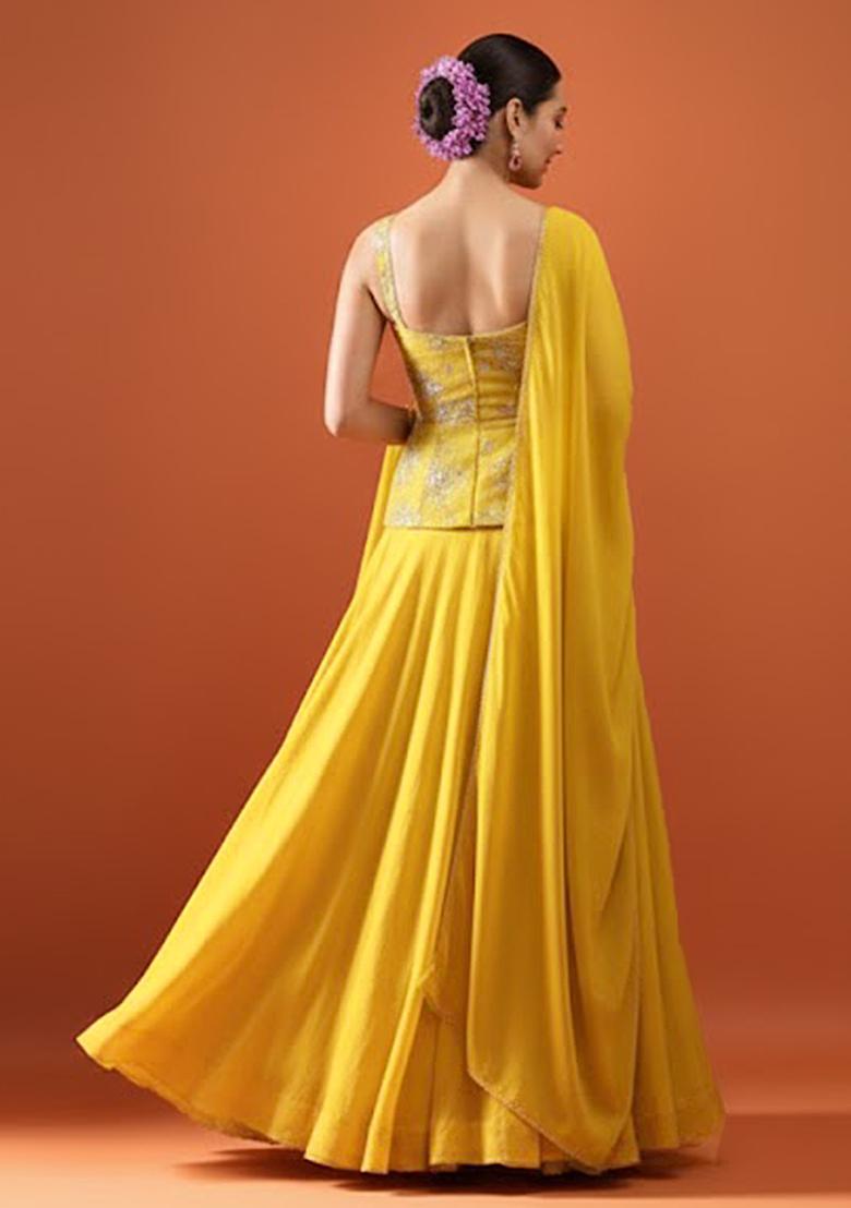 Mustard Yellow Sequin Silk Lehenga Set - Indya