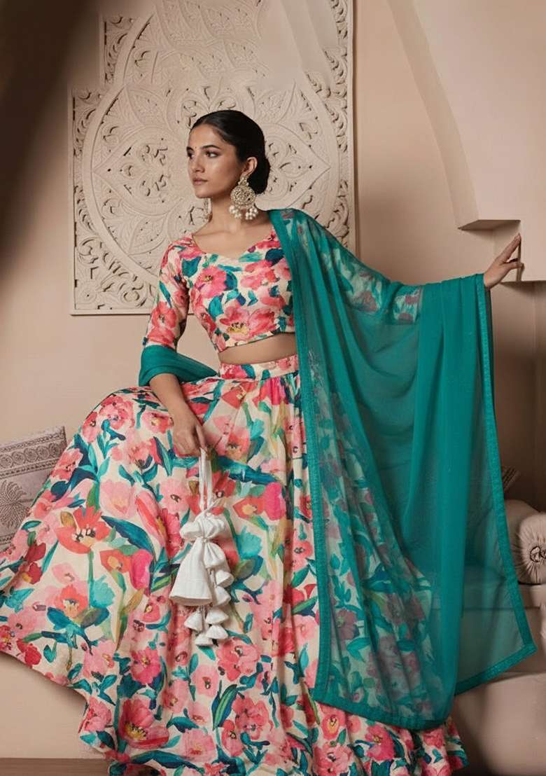 Multi Color Floral Print Crepe Lehenga Set for Diwali and Festive Wear - Indya