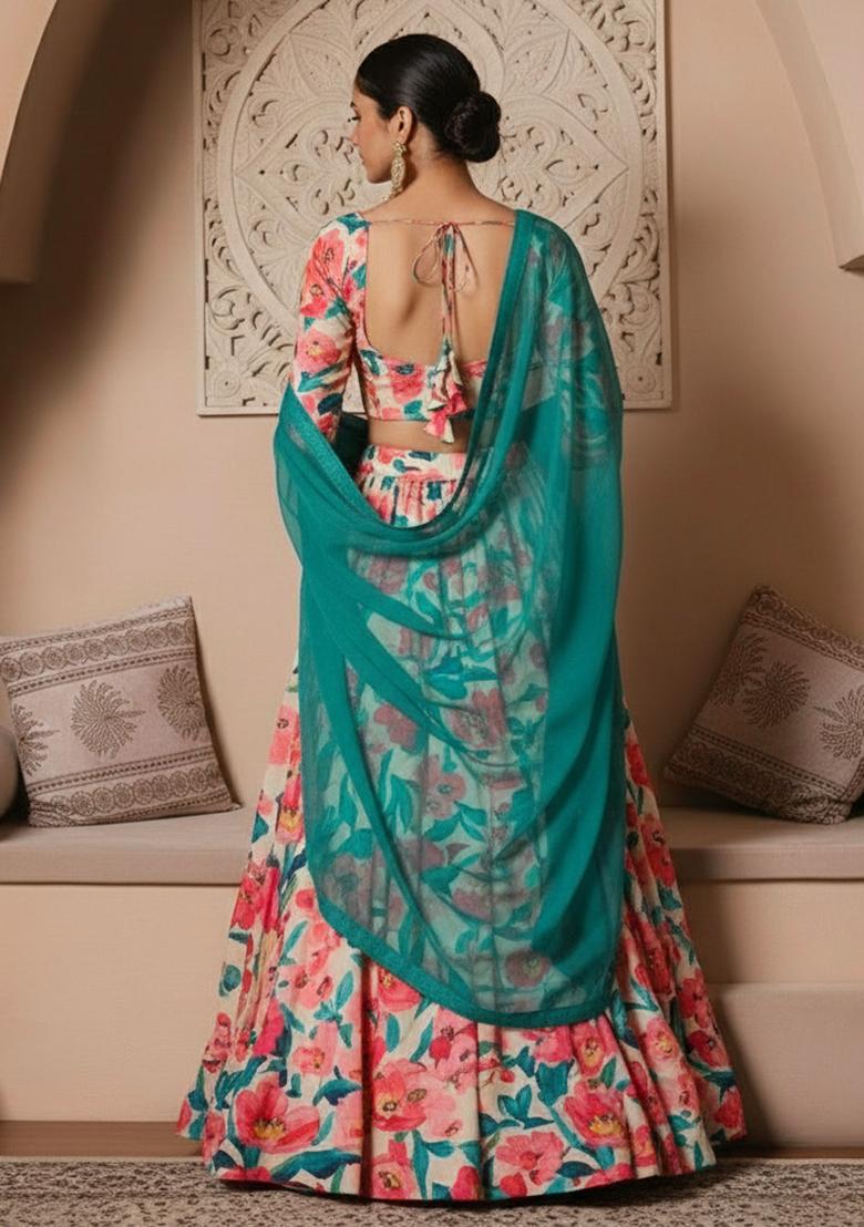 Multi Color Floral Print Crepe Lehenga Set - Indya