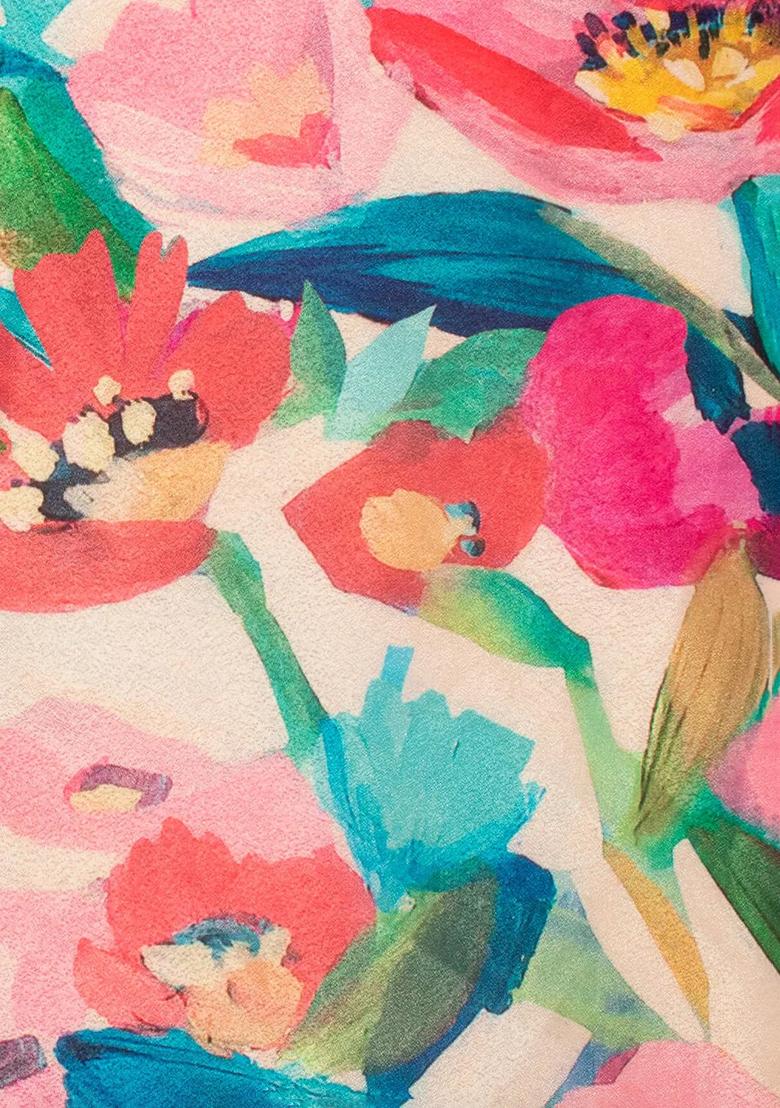 Multi Color Floral Print Crepe Lehenga Set - Indya