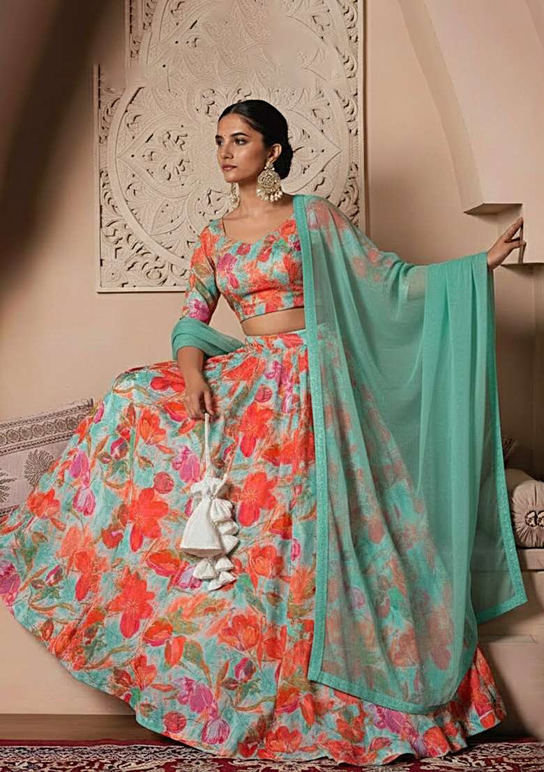 Multi Color Crepe Lehenga Set with Floral Print for Diwali | Wedding & Festive Wear - Indya