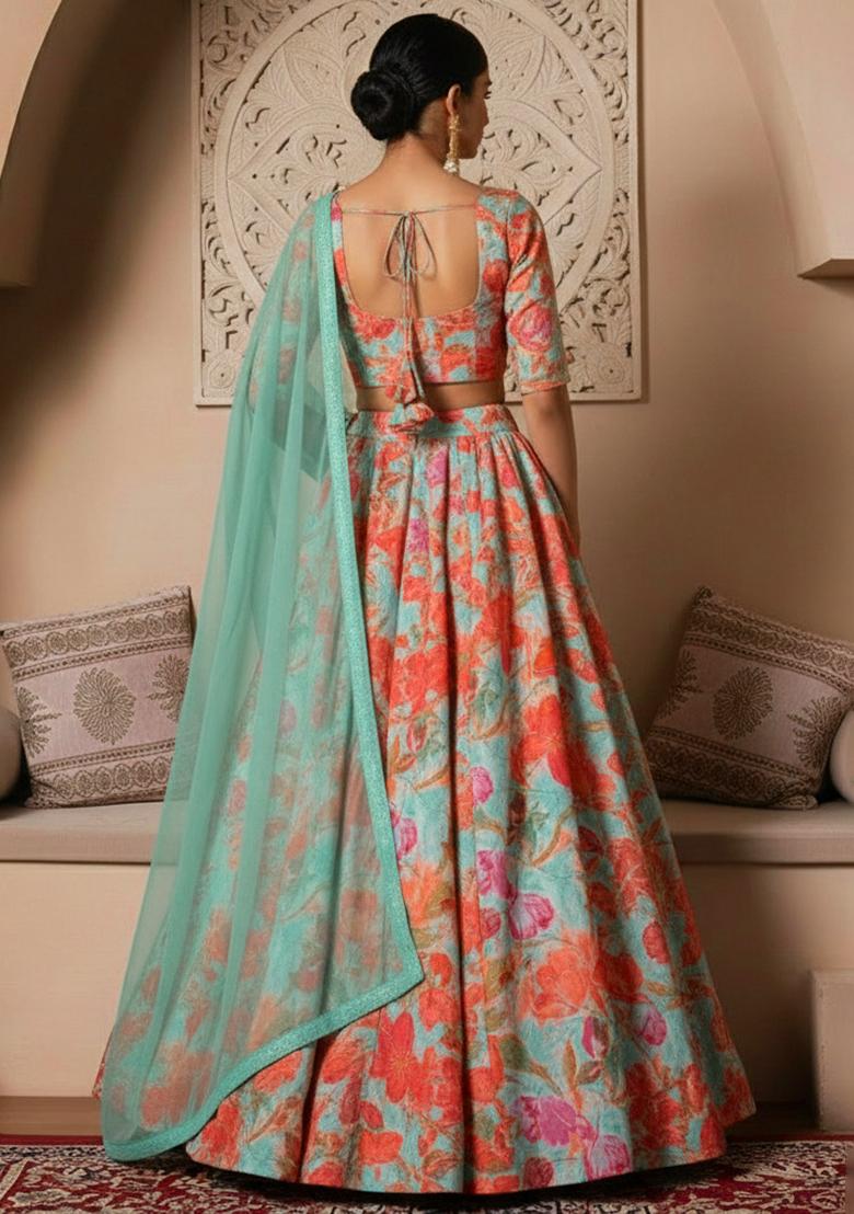 Multi Color Floral Print Crepe Lehenga Set - Indya