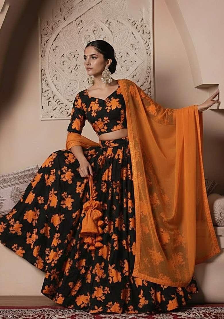 Orange Floral Print Crepe Lehenga Set for Diwali and Festive Wear - Indya