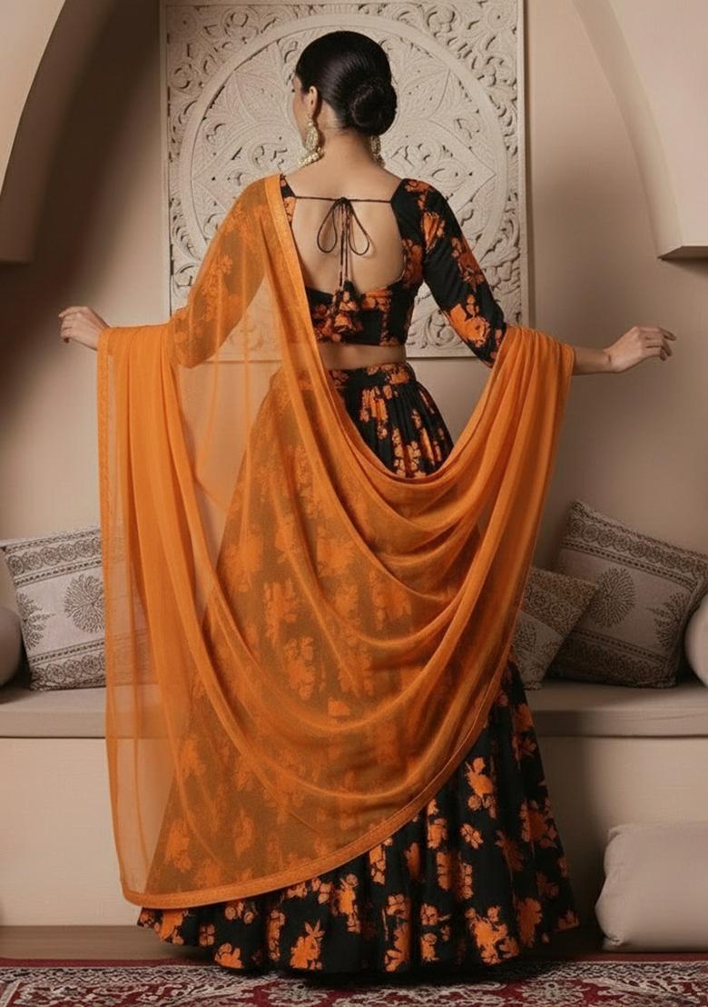 Orange Floral Print Crepe Lehenga Set - Indya