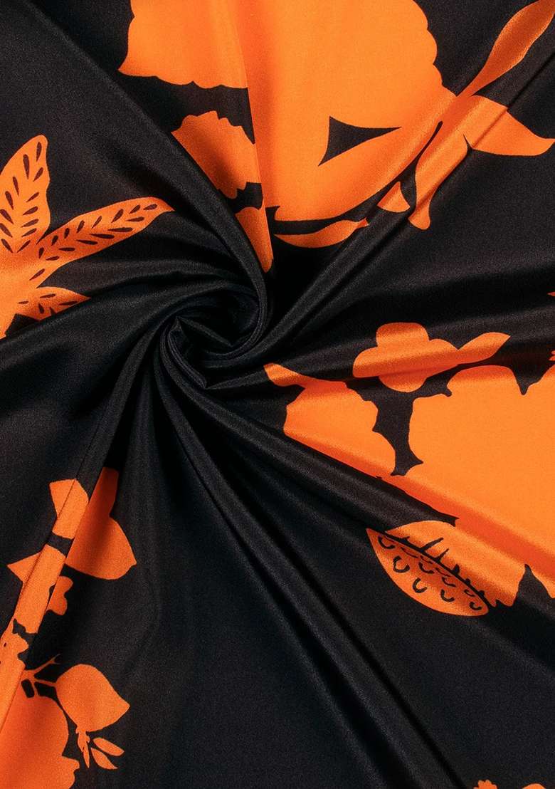 Orange Floral Print Crepe Lehenga Set for Diwali and Festive Wear - Indya