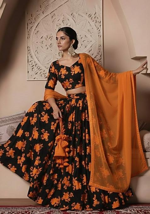 Orange Floral Print Crepe Lehenga Set