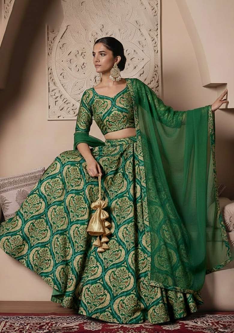 Green Crepe Lehenga Set with Floral Print for Diwali | Wedding & Festive Wear - Indya