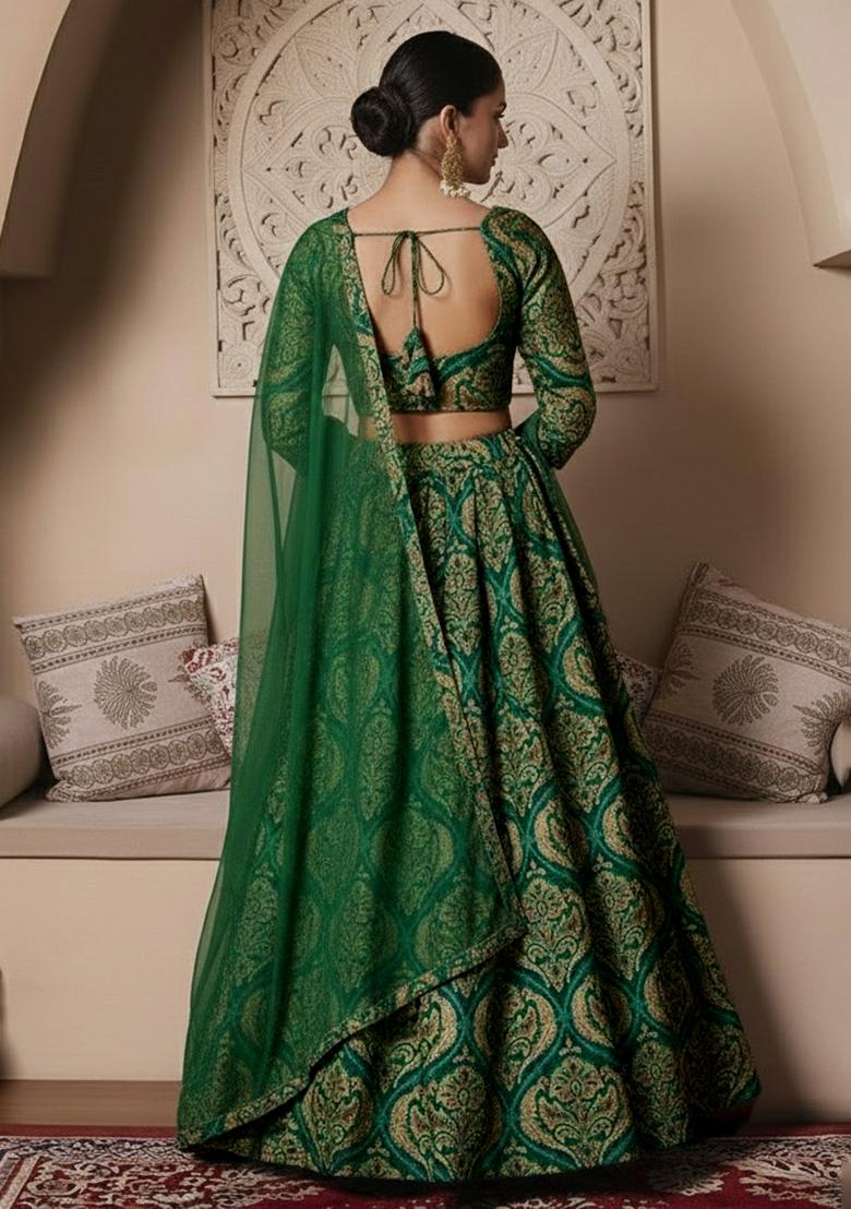Green Floral Print Crepe Lehenga Set - Indya