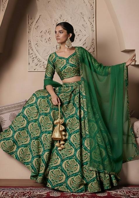 Green Floral Print Crepe Lehenga Set