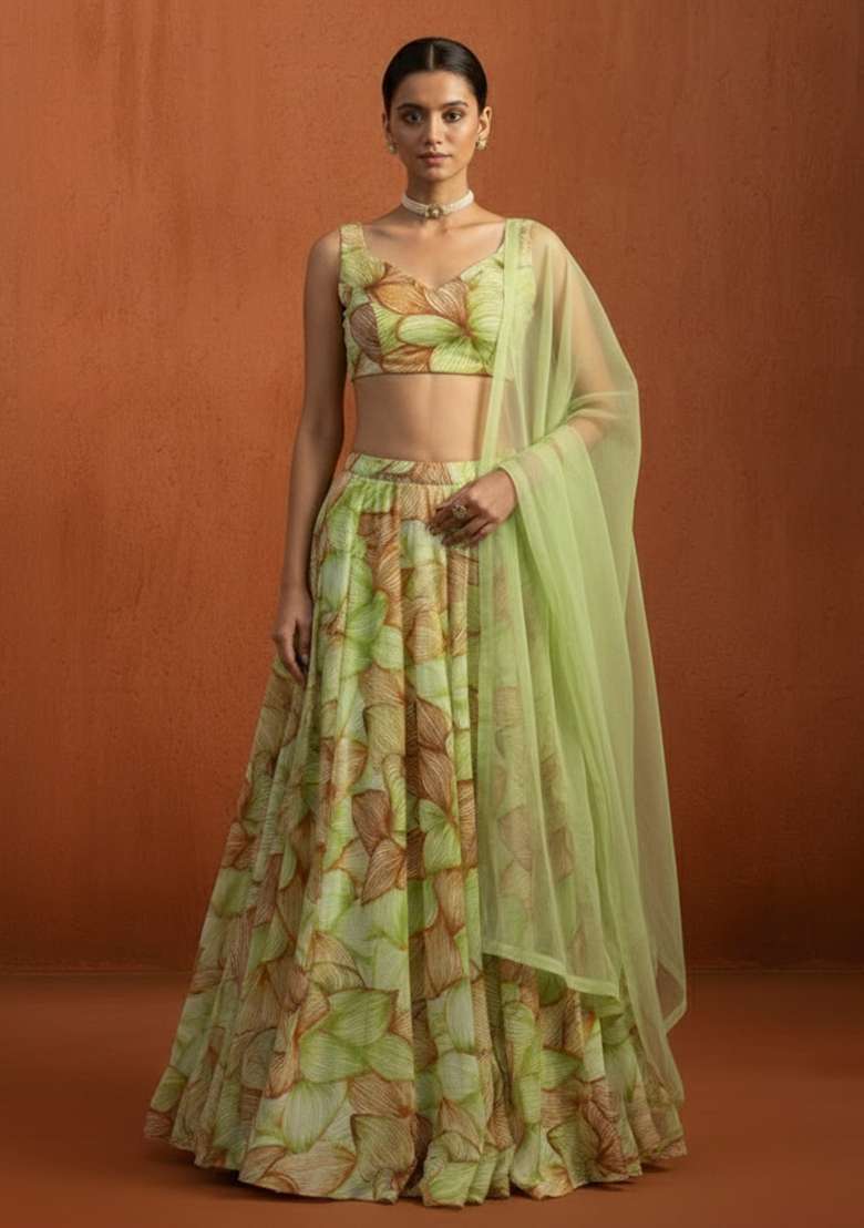 Leaf Green Georgette Lehenga Set with Floral Print for Diwali | Wedding & Festive Wear - Indya