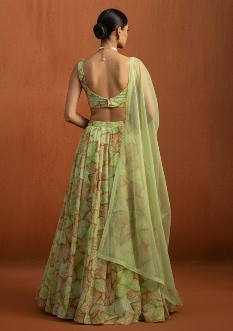 Leaf Green Floral Print Georgette Lehenga Set - Indya