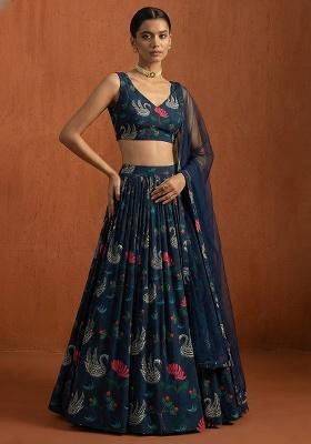 Navy Blue Figure Print Georgette Lehenga Set