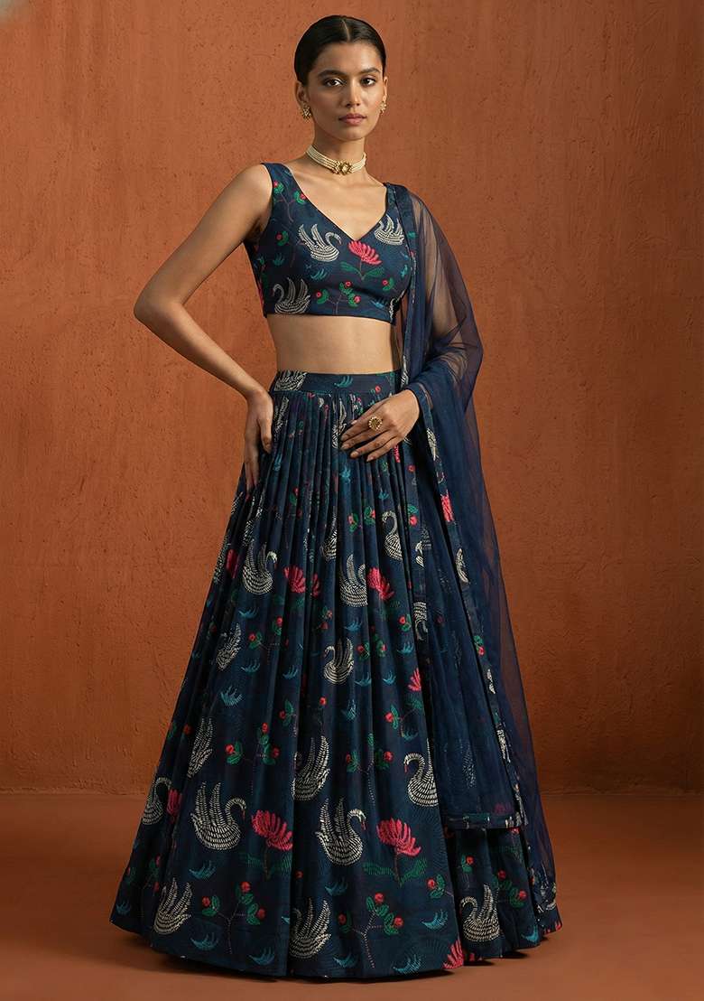 Navy Blue Figure Print Georgette Lehenga Set for Diwali and Festive Wear - Indya