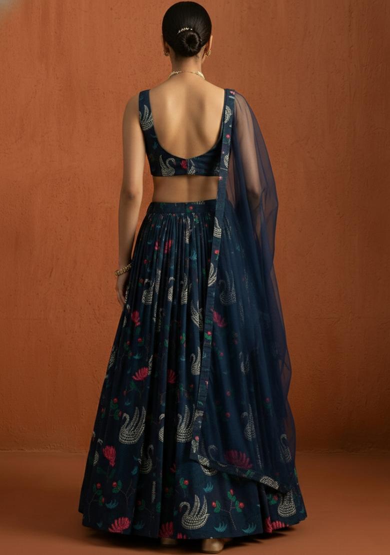 Navy Blue Figure Print Georgette Lehenga Set - Indya