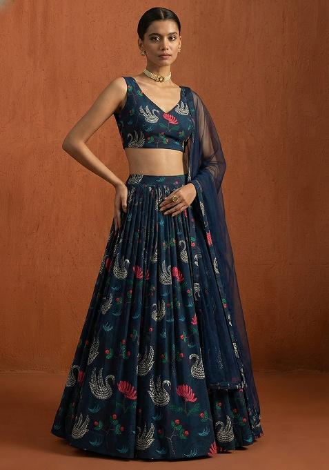 Navy Blue Figure Print Georgette Lehenga Set