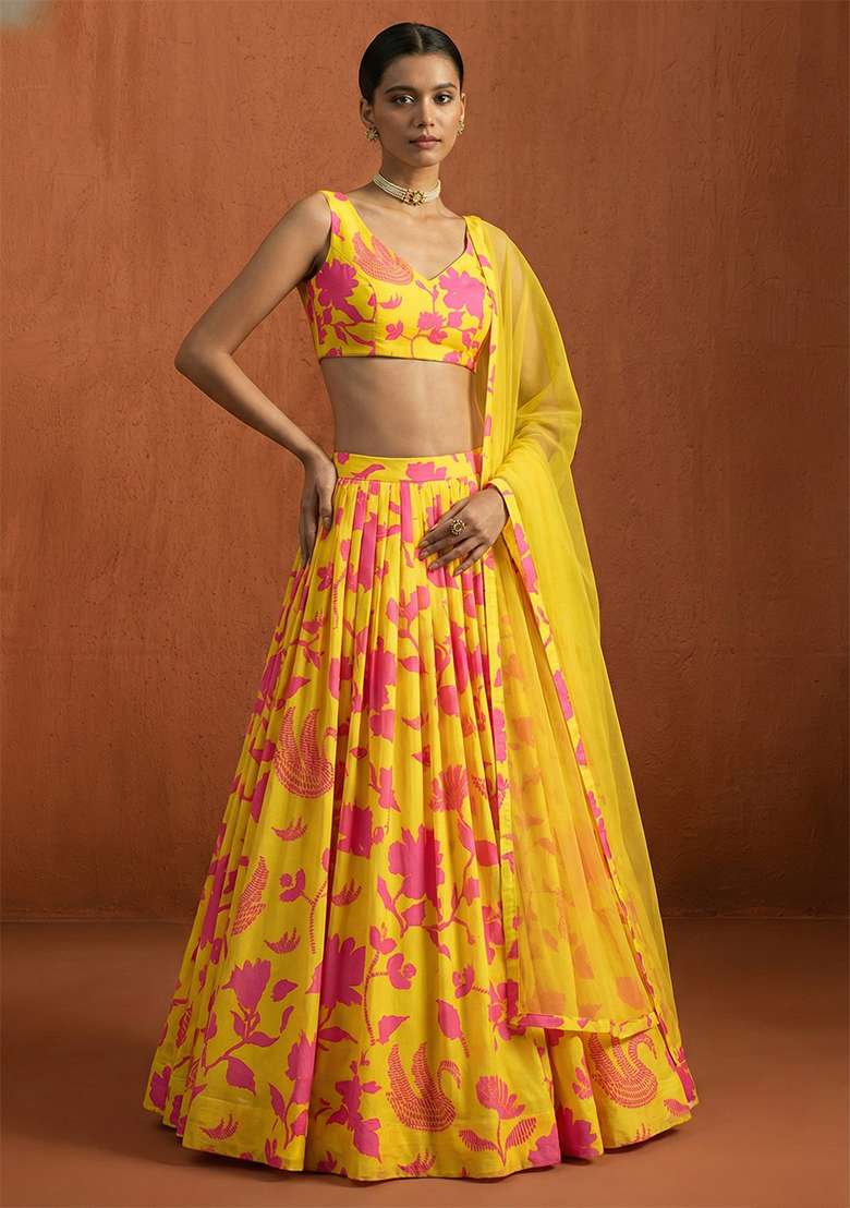 Yellow Floral Print Georgette Lehenga Set for Diwali and Festive Wear - Indya