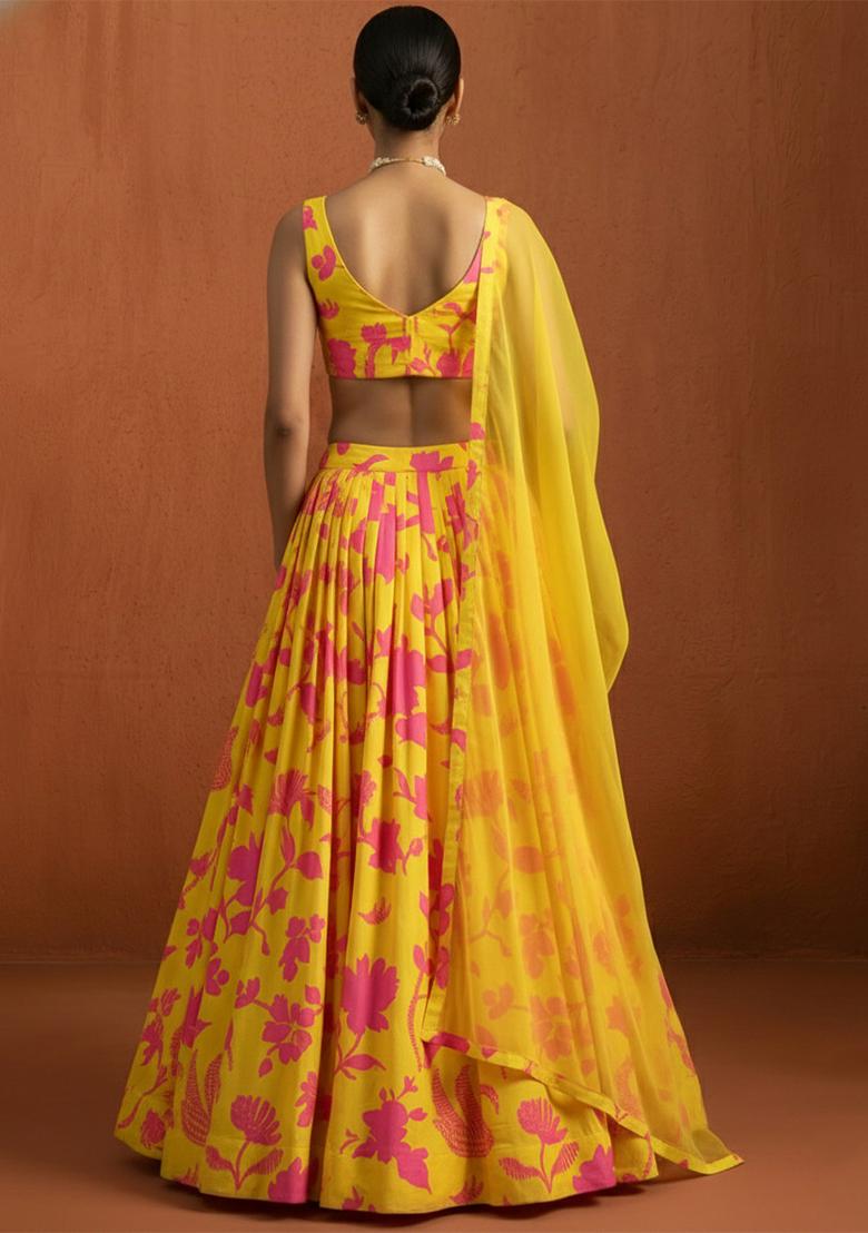 Yellow Floral Print Georgette Lehenga Set - Indya