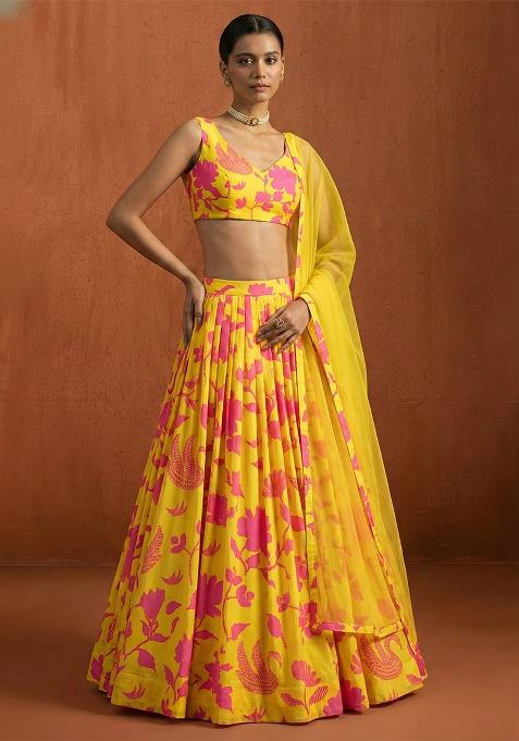 Yellow Floral Print Georgette Lehenga Set
