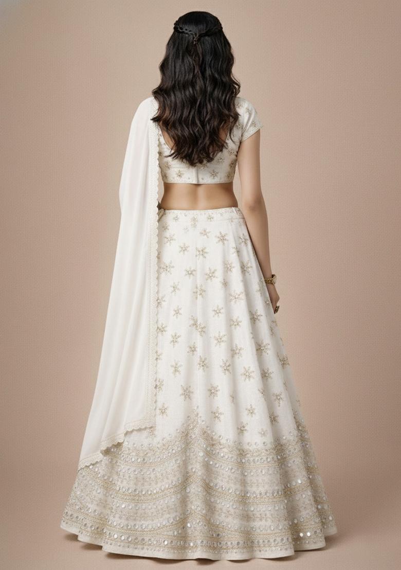 Off White Embroidered Tissue Lehenga Set - Indya