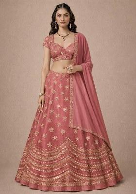 Pink Embroidered Tissue Lehenga Set